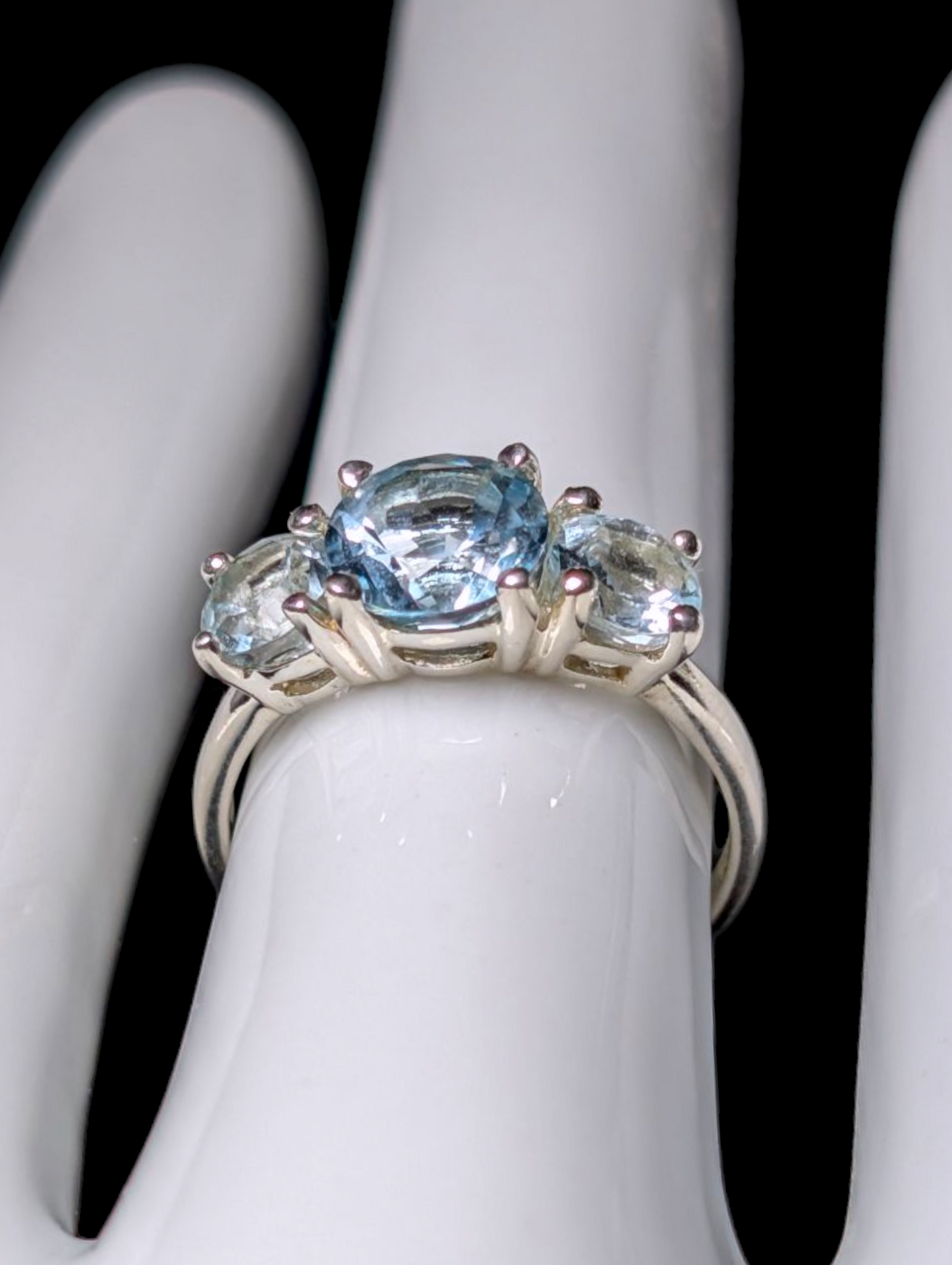 Vintage Round Cut Three Stone Genuine Swiss and Sky Blue Topaz Sterling Silver Ring