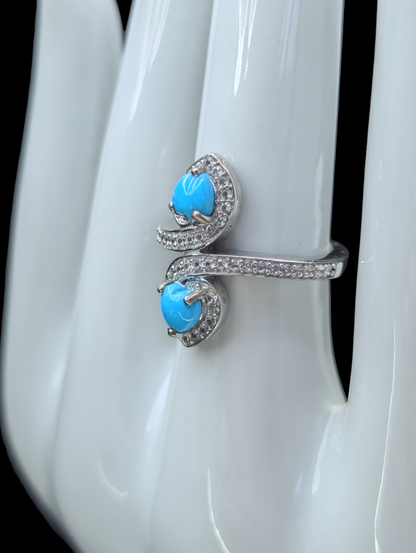 Vintage Double Heart Sleeping Beauty Genuine Turquoise and White Topaz Accent Sterling Silver Ring