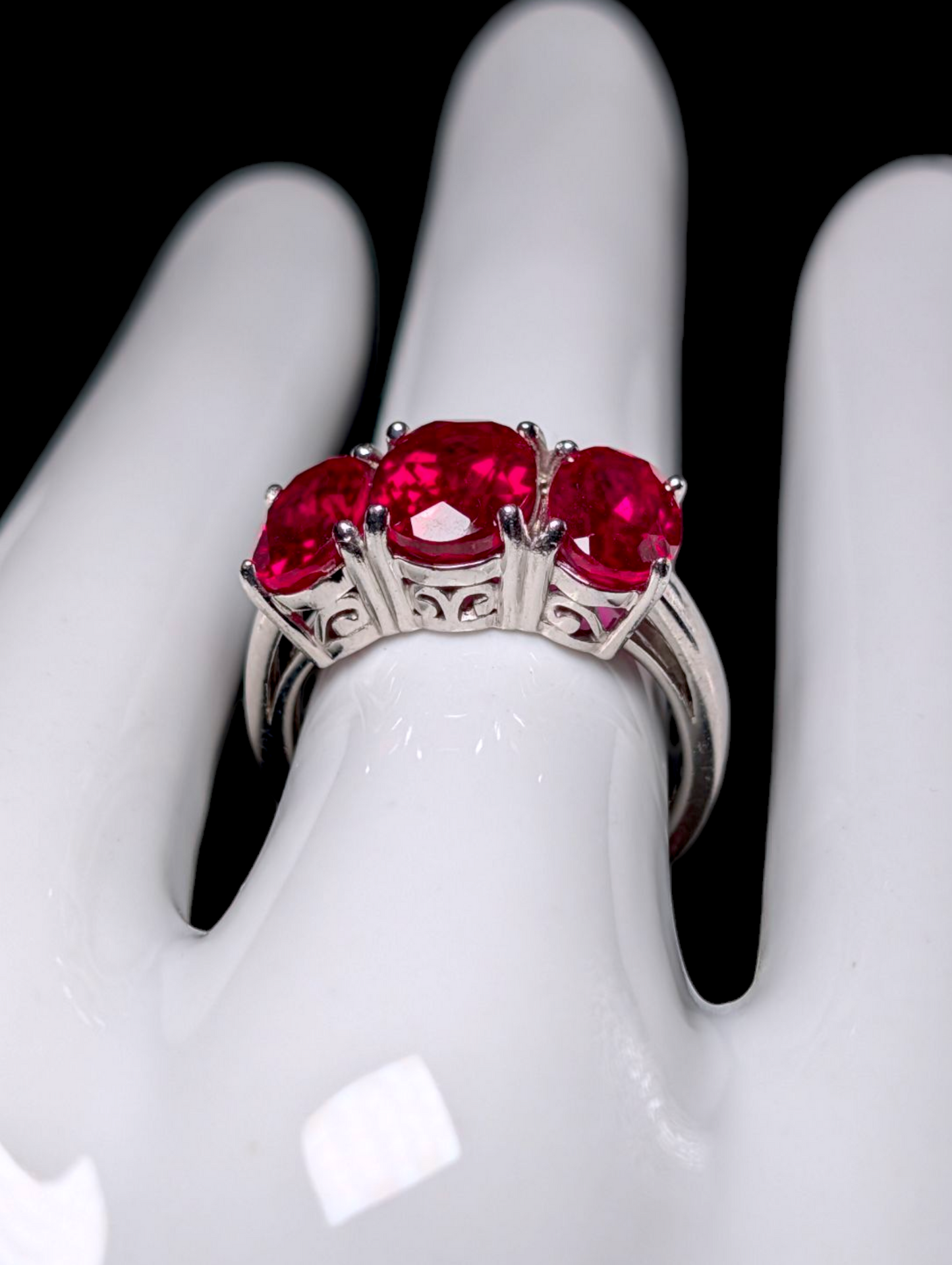 Vintage 3 Carat 3 Stone Genuine Ruby Sterling Silver Statement Ring