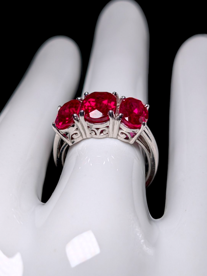 Vintage 3 Carat 3 Stone Genuine Ruby Sterling Silver Statement Ring