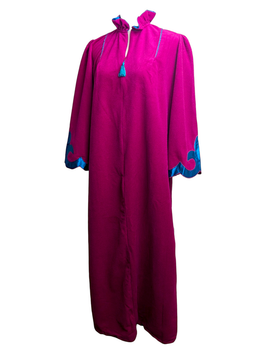 1970s Morrocan Inspired Nightgown by Sweetlife in Pink Polyester and Blue Satin Trim