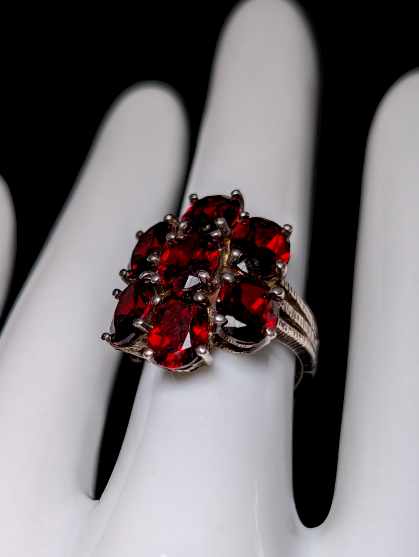 Vintage Genuine Red Garnet Cluster Sterling Silver Ring