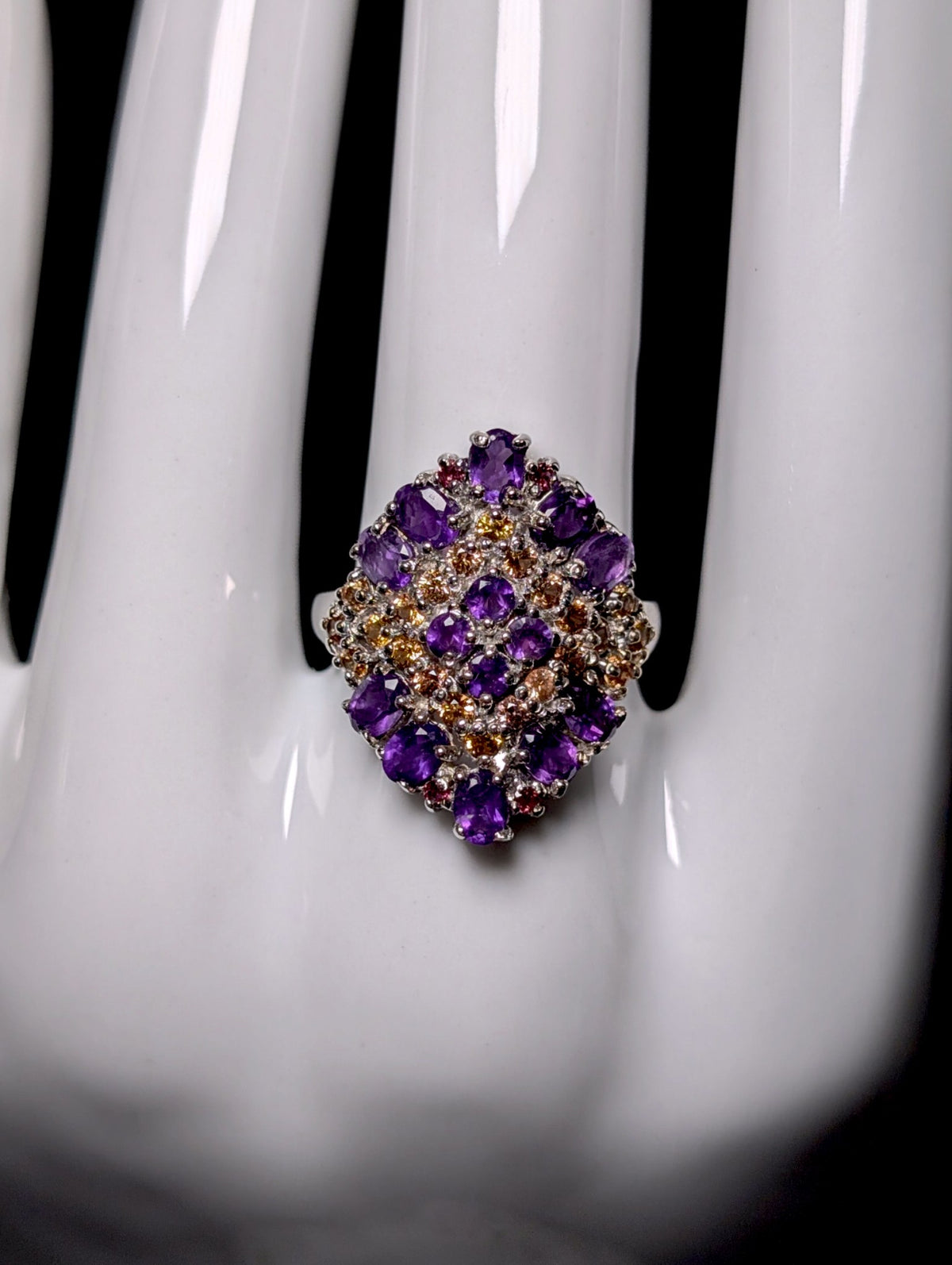 Vintage Genuine Amethyst, Sapphire and Garnet Sparkling Cocktail Ring