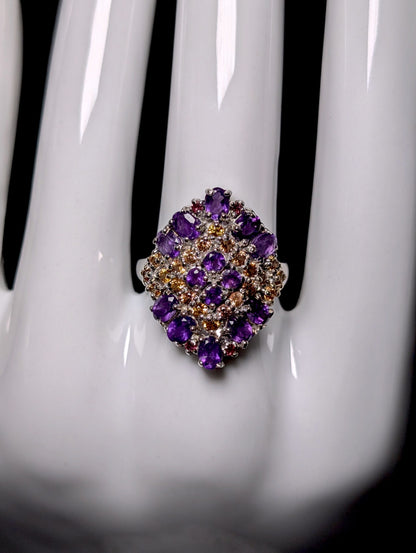Vintage Genuine Amethyst, Sapphire and Garnet Sparkling Cocktail Ring