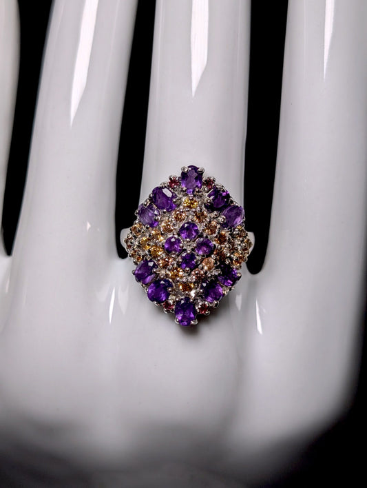 Vintage Genuine Amethyst, Sapphire and Garnet Sparkling Cocktail Ring