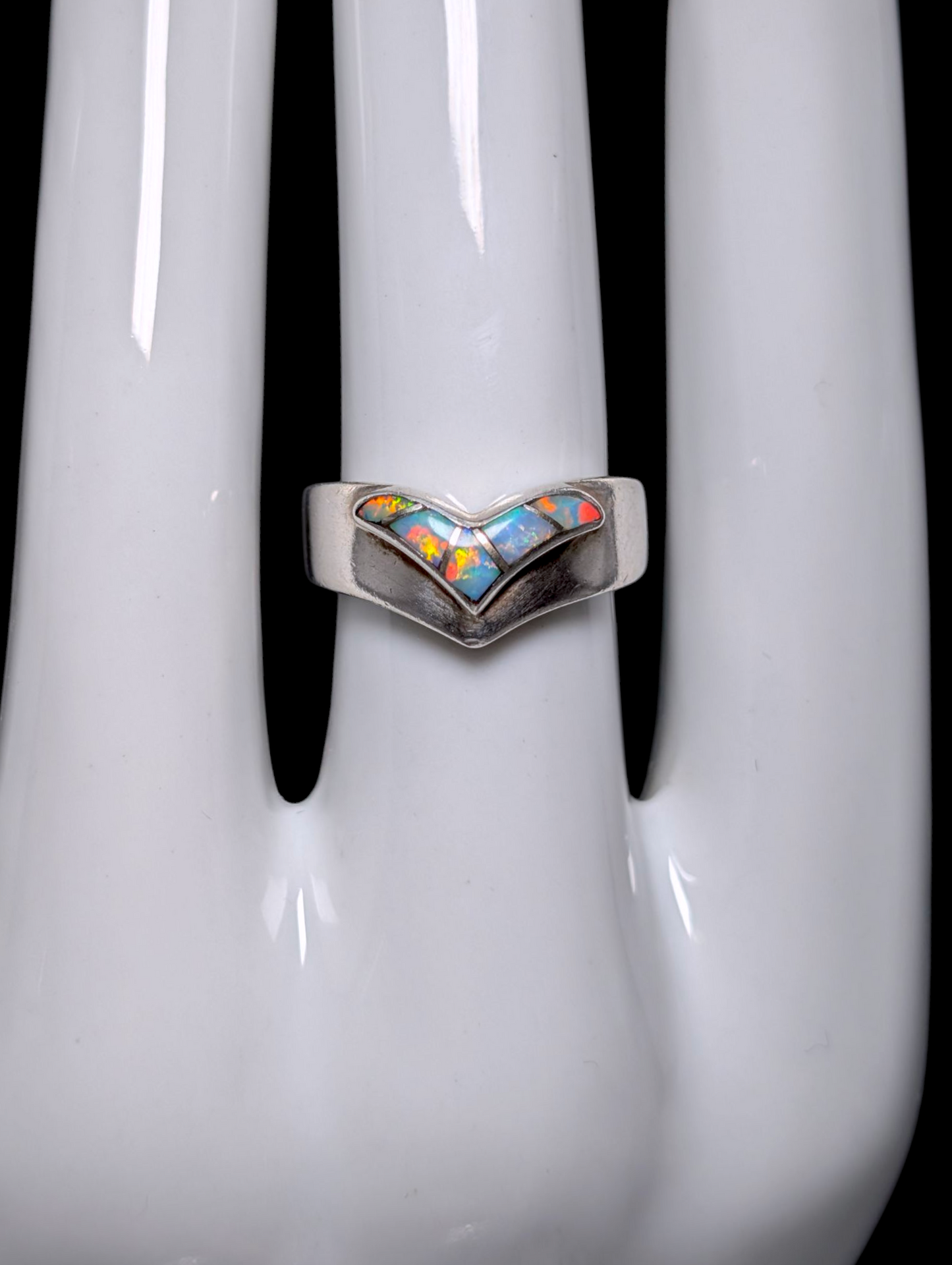Vintage Native Southwest Style Chevron Bezel Set Genuine Fire Opal Sterling Silver Band Ring
