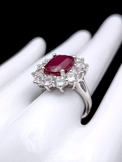 Vintage Earth Mined Genuine Ruby Rectangular Cushion Cut Solitaire and White Topaz Halo Rhodium over Sterling Silver Statement Ring