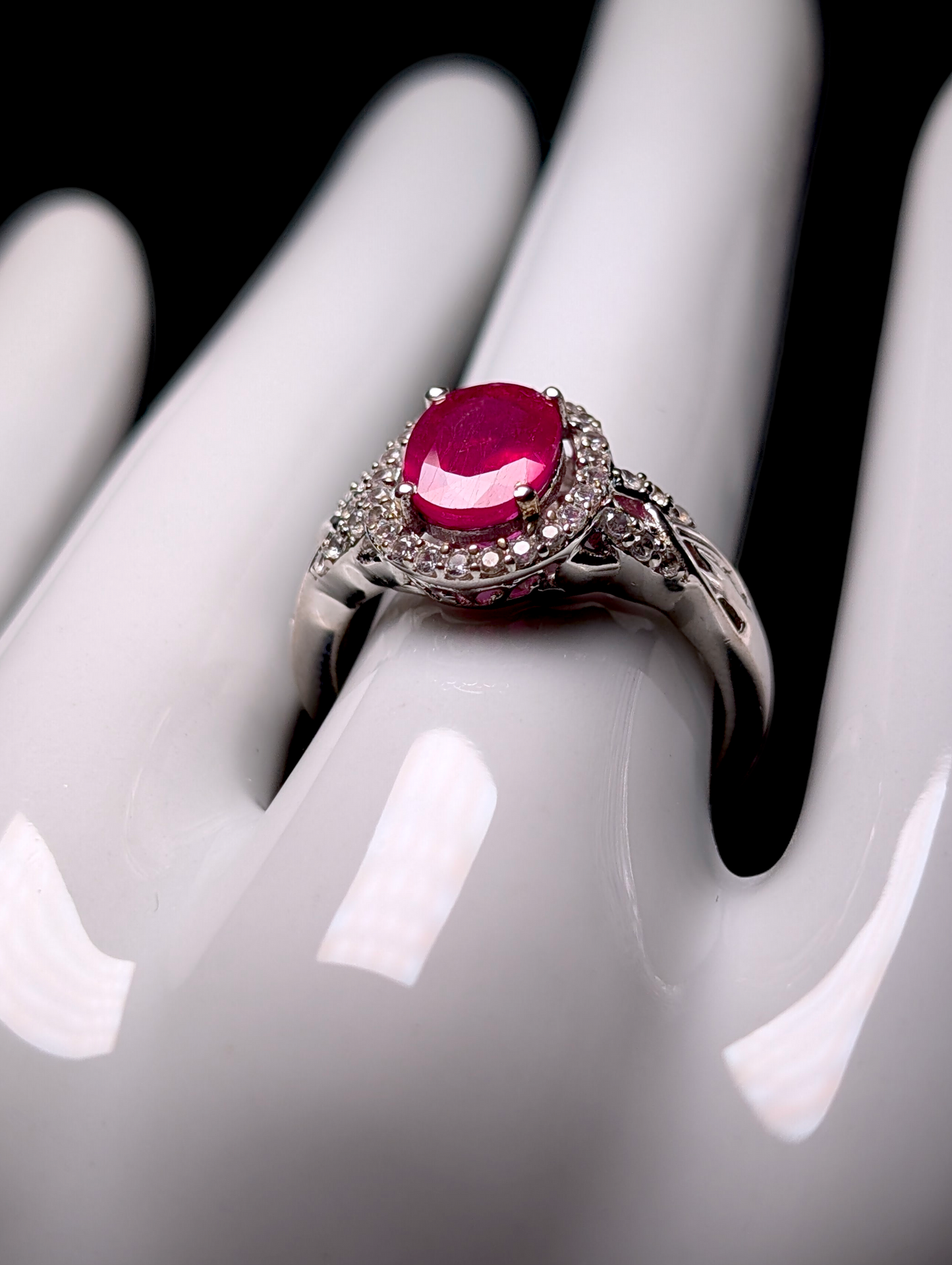 Vintage Oval Cut Genuine Ruby Solitaire with White Topaz Halo Sterling Silver Ring