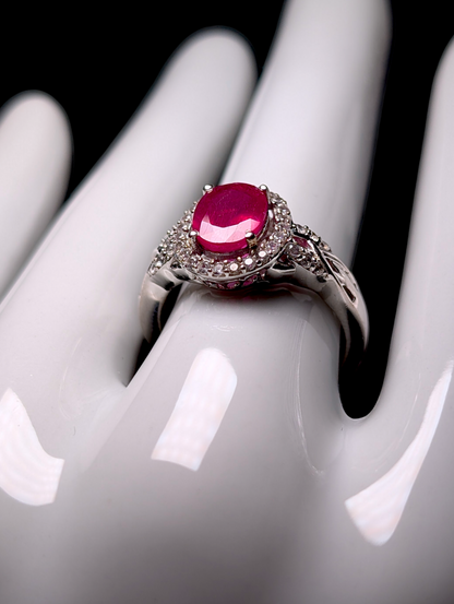 Vintage Oval Cut Genuine Ruby Solitaire with White Topaz Halo Sterling Silver Ring