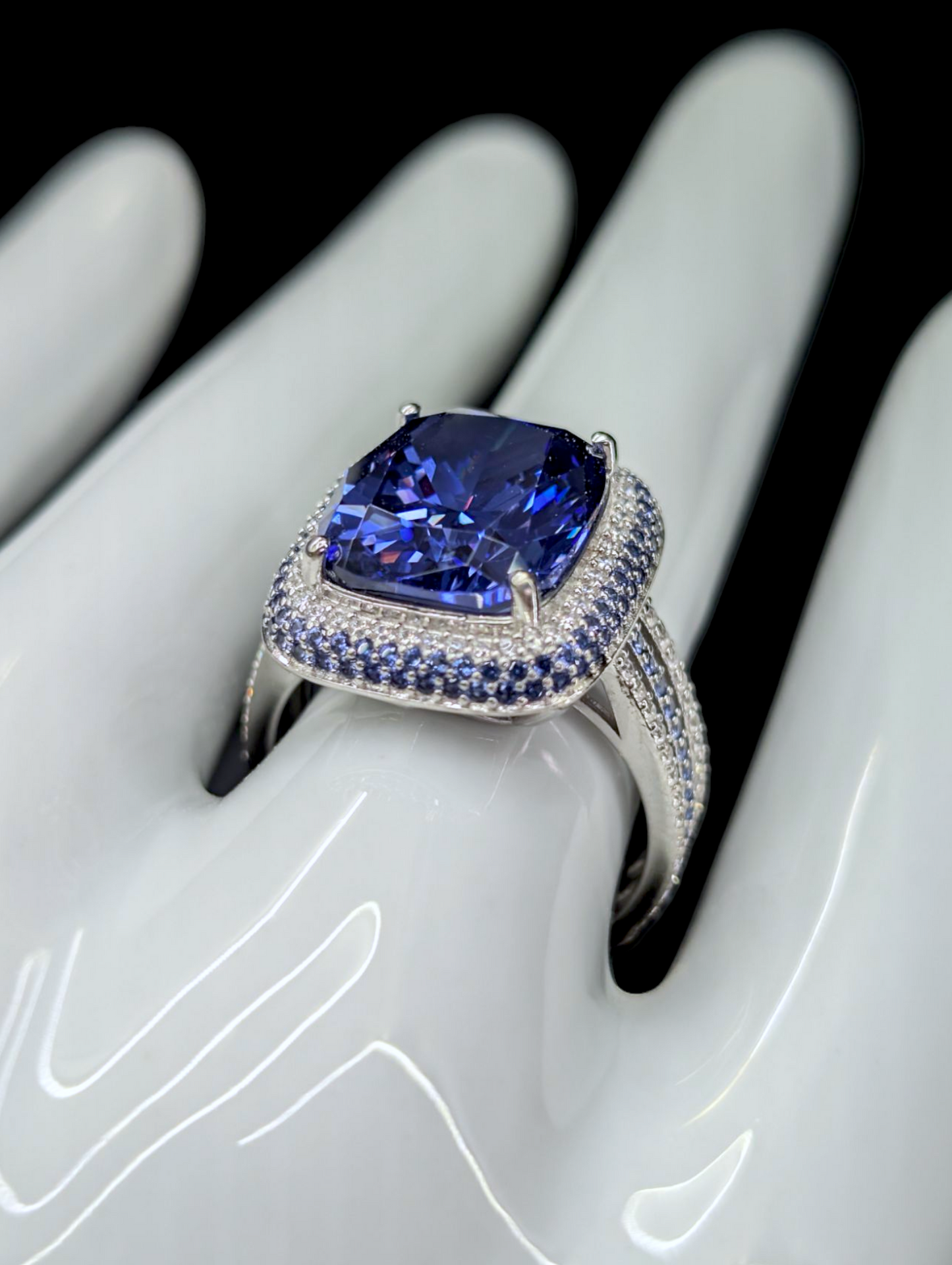 Vintage Large 6.8 Carat Triple Halo Genuine Tanzanite Solitaire and Simulated Diamonds Rhodium over Sterling Silver Split Shank Ring