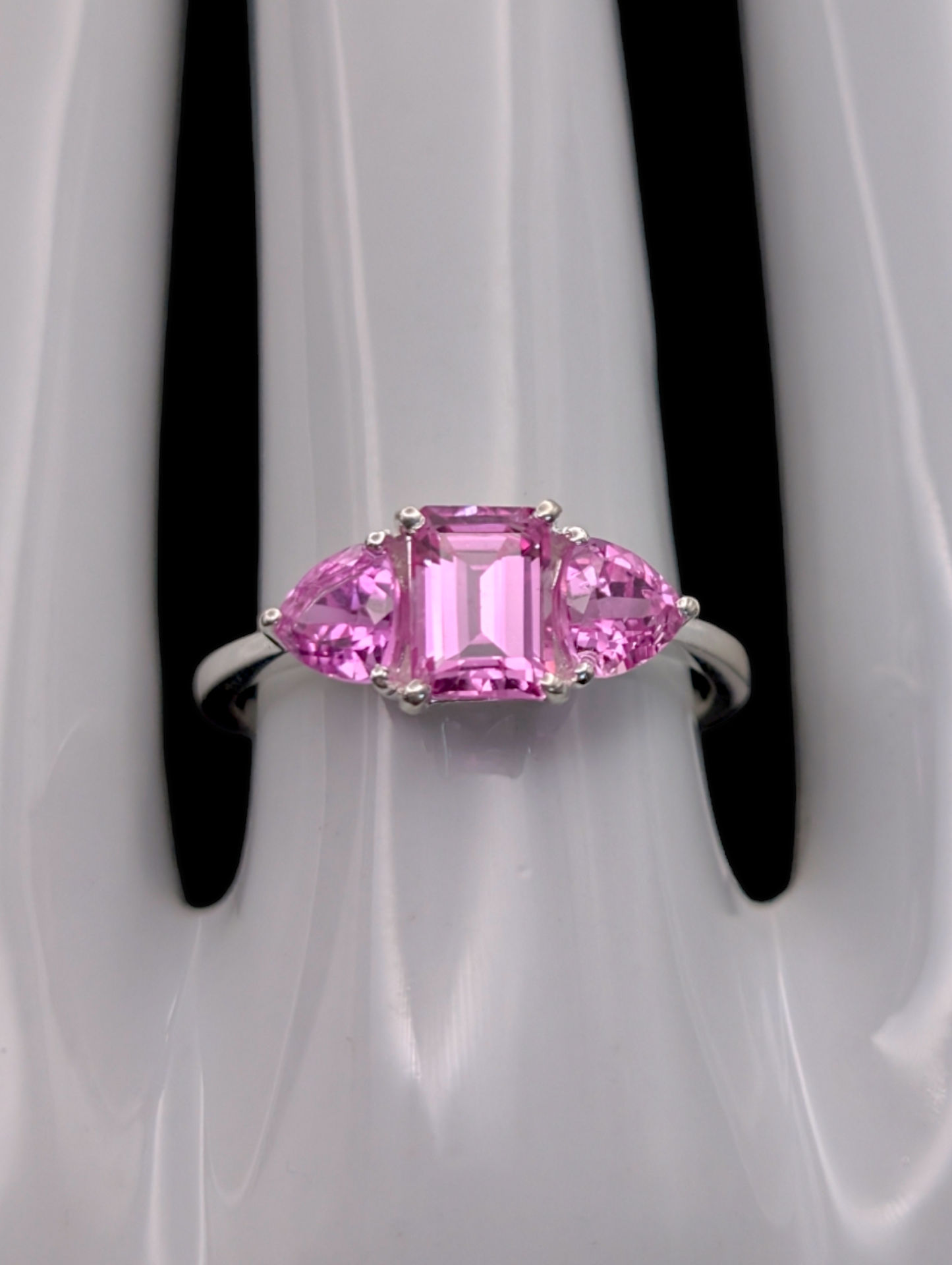 Vintage Inspired Pink Sapphire Sterling Silver Pendant, Necklace and 3 Stone Emerald Trillion Cut Ring Set