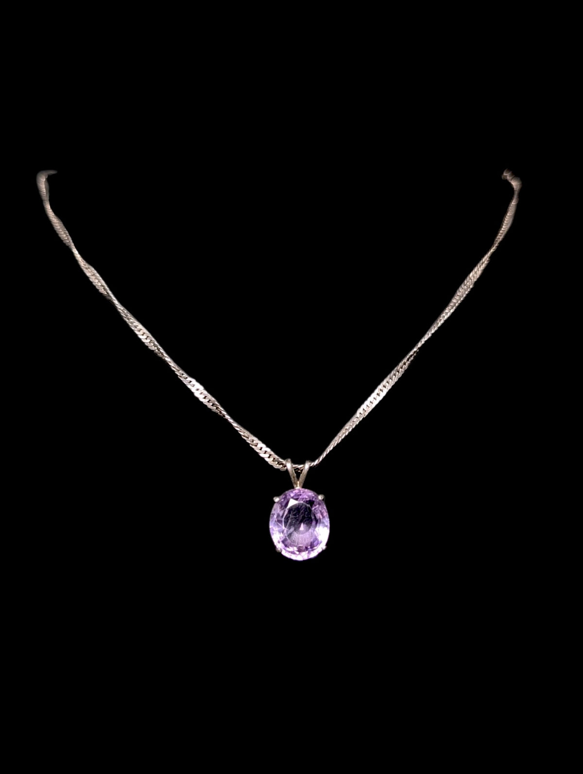Vintage Oval Cut Genuine Amethyst Pendant and Oxidized Sterling Silver Twist Chain Necklace