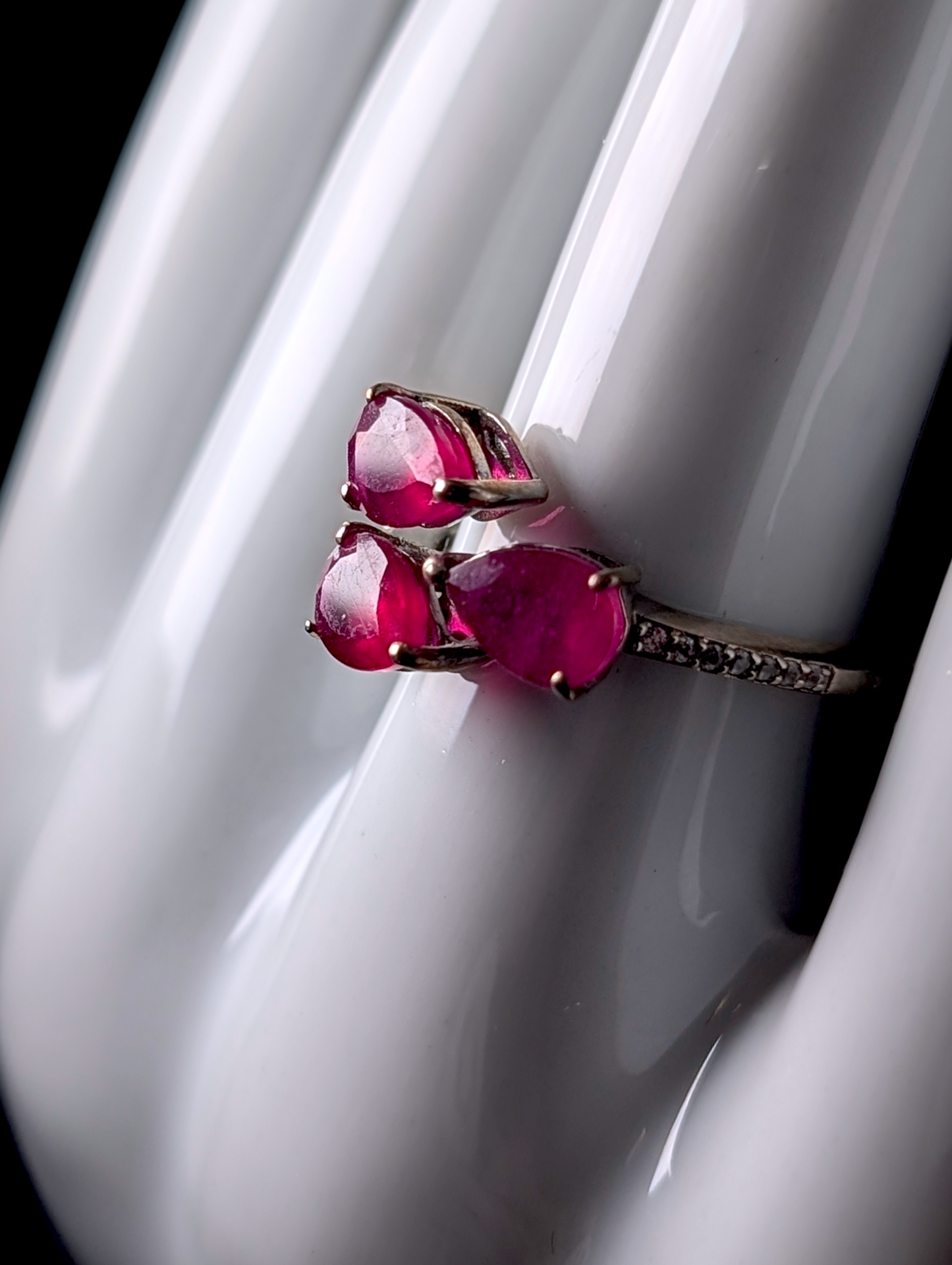 Vintage 3 Stone Pear Cut Genuine Ruby and White Zircon Sterling Silver Adjustable Ring