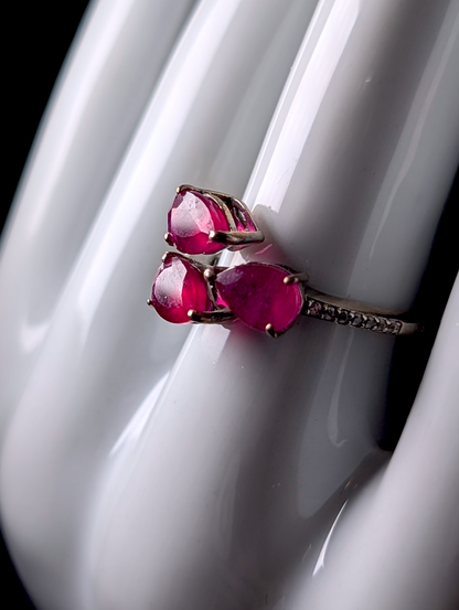 Vintage 3 Stone Pear Cut Genuine Ruby and White Zircon Sterling Silver Adjustable Ring