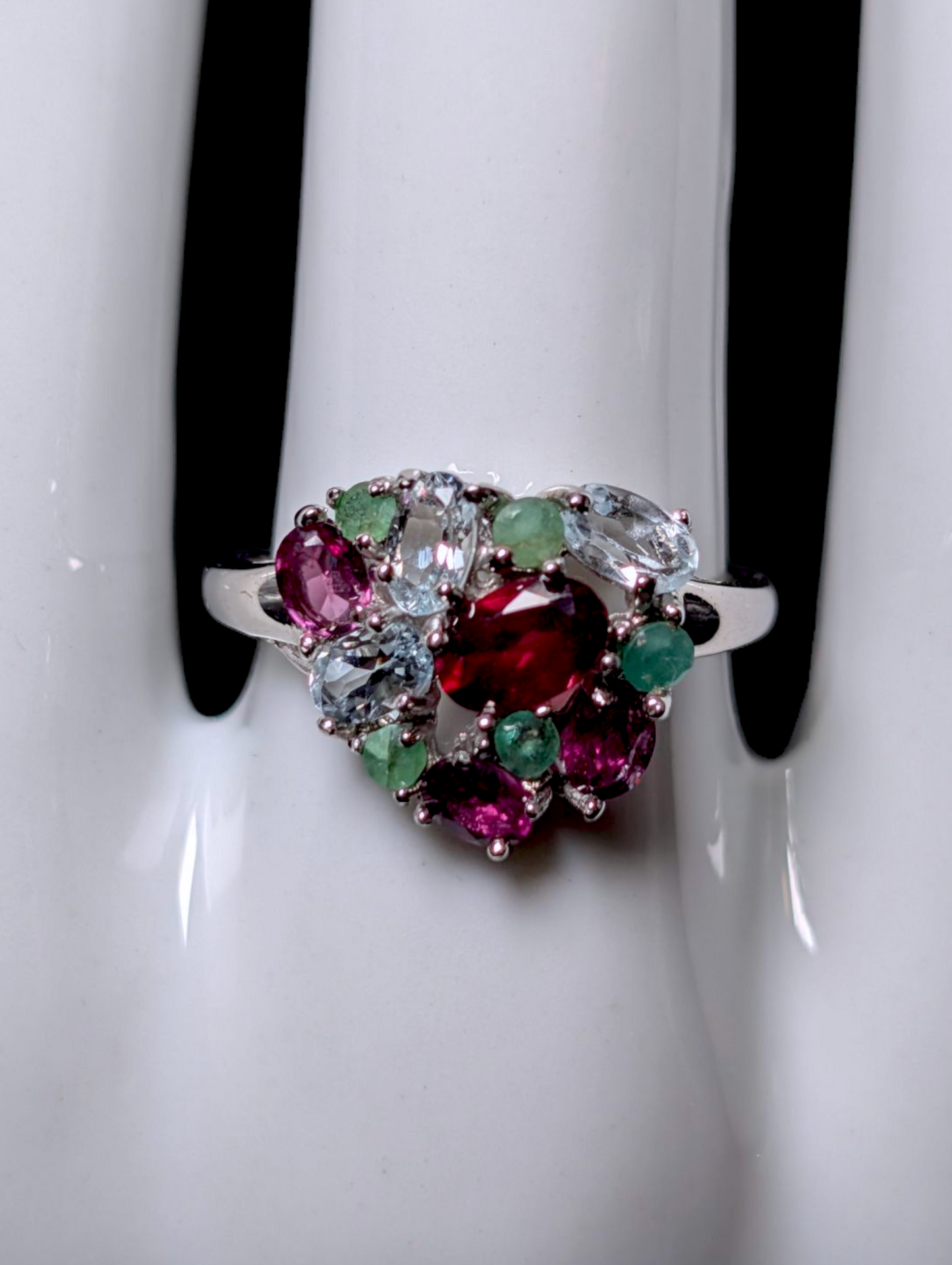 Vintage Heart Multi-Gemstone Genuine Emerald, Garnet, Aquamarine Fruit Cocktail Cluster Sterling Silver Statement Ring