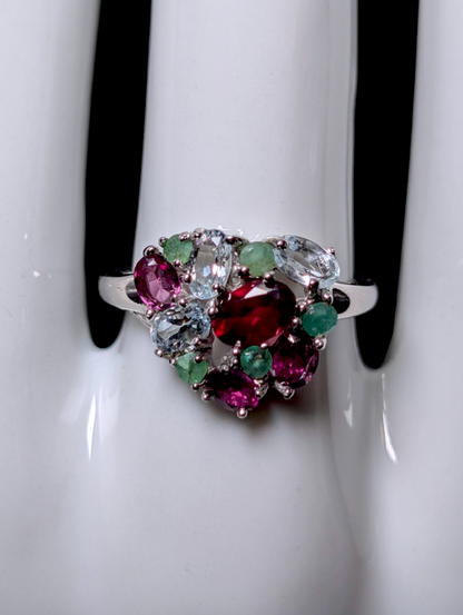 Vintage Heart Multi-Gemstone Genuine Emerald, Garnet, Aquamarine Fruit Cocktail Cluster Sterling Silver Statement Ring