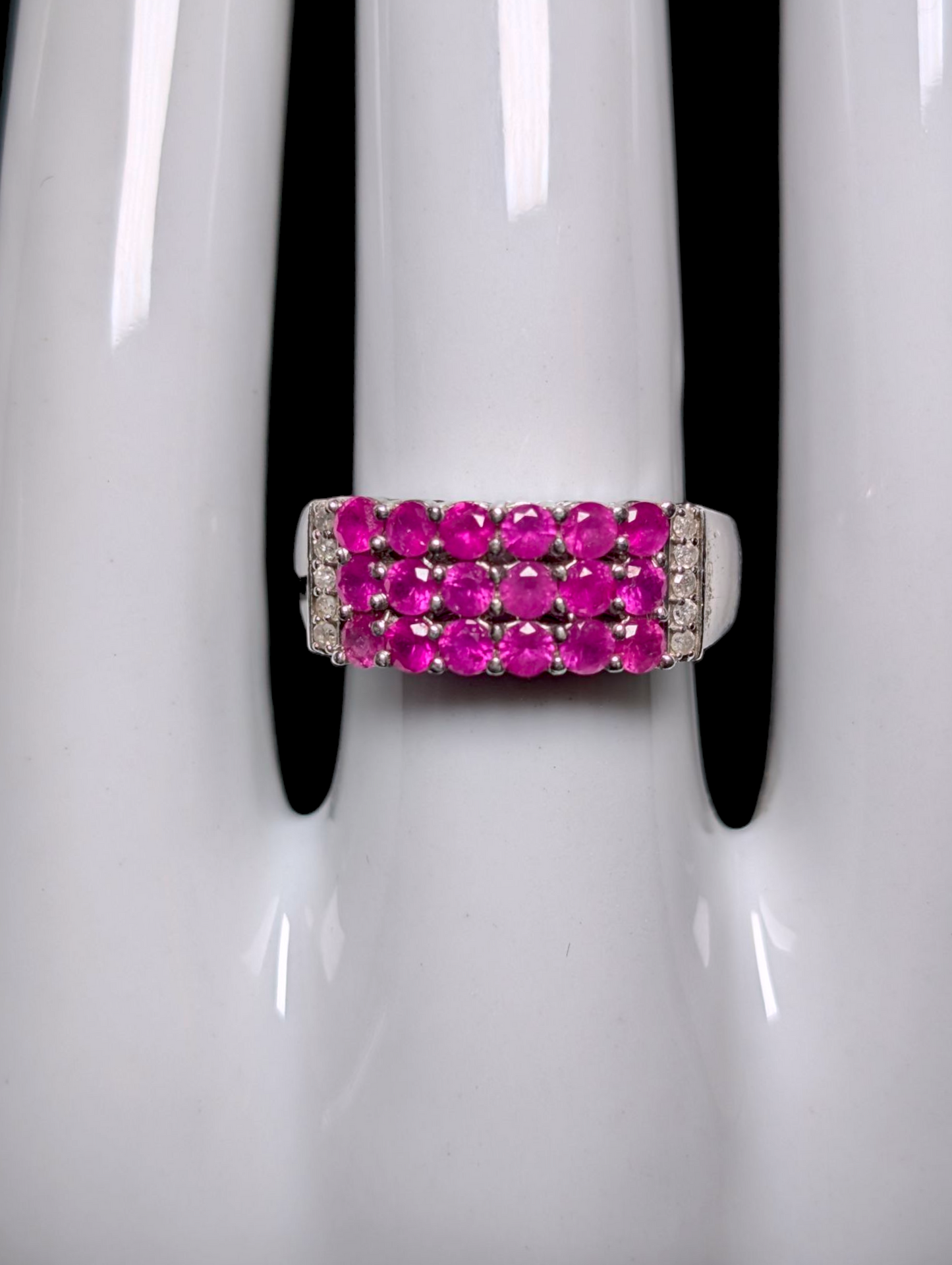 Vintage Three Row Genuine Ruby and Diamond Accent Sterling Silver Cocktail Statement Ring
