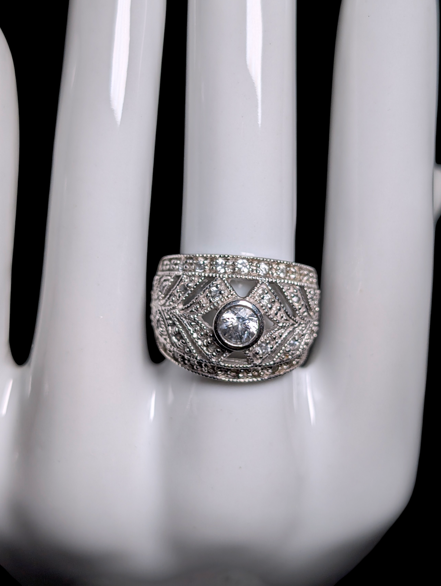 Vintage Edwardian Inspired Genuine White Topaz Sterling Silver Wide Band Ring