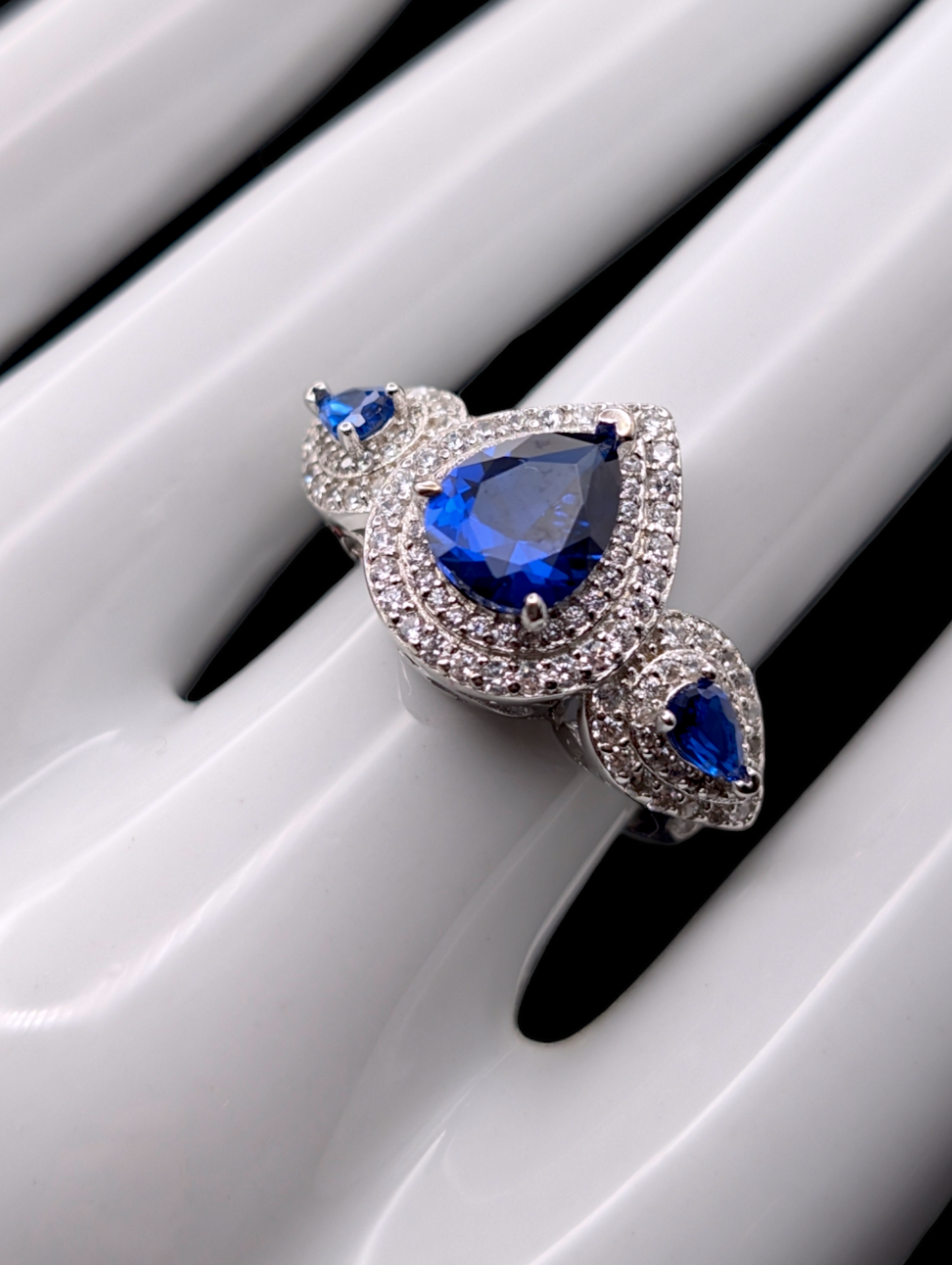 Vintage Inspired Cornflower Blue Pear Cut Genuine Spinel and Diamond Double Halo Sterling Silver Ring