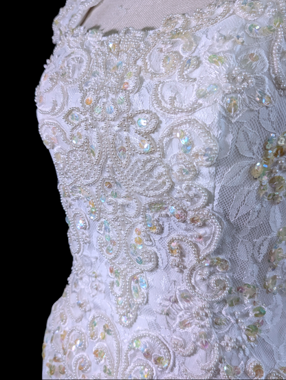1980s-1990s Alfred Angelo Mystical Aurora Borealis Sequin and Pearl Beaded Sleeveless Vintage Wedding Dress with Cathedral Train
