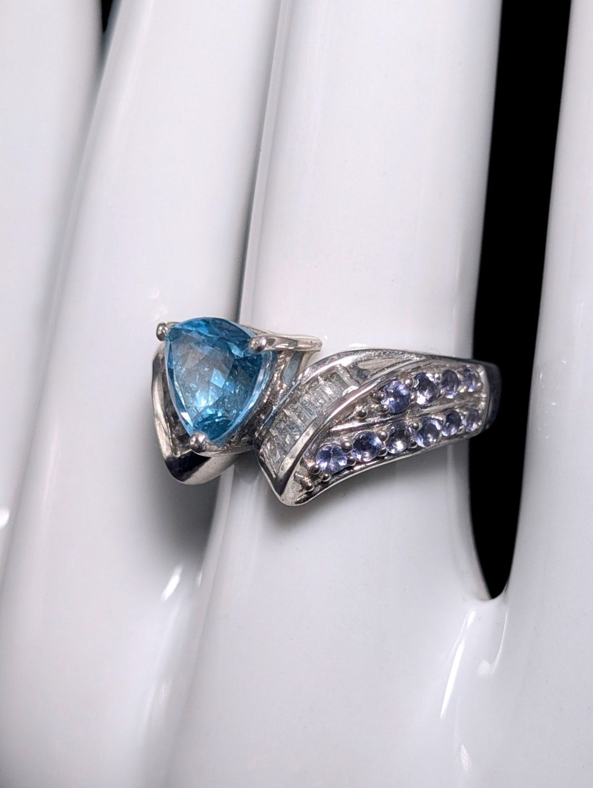 Vintage Genuine Swiss Blue Topaz Solitaire with White Topaz Sterling Silver Ring