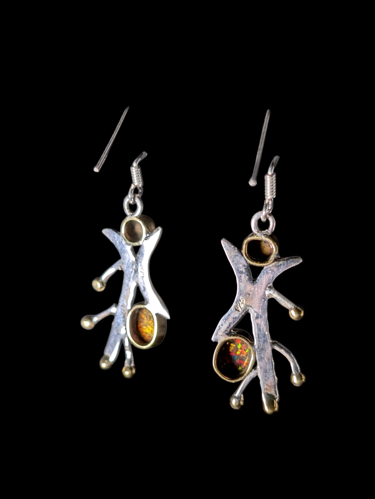 Vintage Genuine Black Opal Sterling and 14k Gold Dangle Earrings