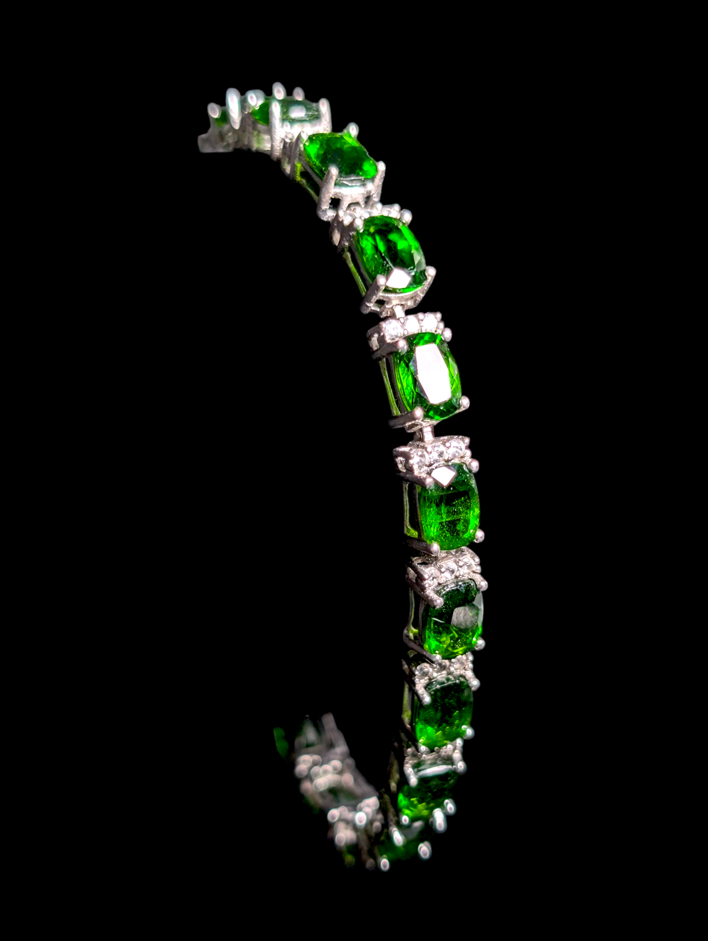 Vintage Inspired 17+ Carat Oval Cut Earth Mined Emerald Green Genuine Chrome Diopside and White Zircon Sterling Silver Tennis Bracelet with 14k White Gold Safety Chain
