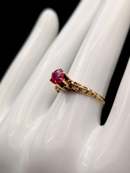 Antique Six Prong High Head Set Round Brilliant Cut Genuine Ruby Solitaire 10k Yellow Solid Gold Filigree Ring