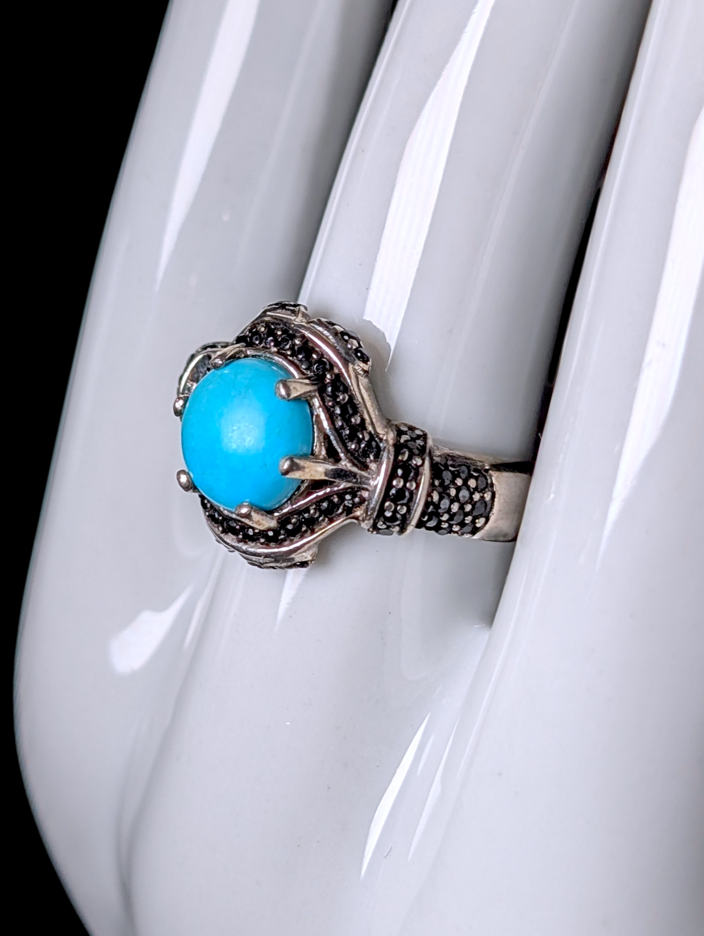 Vintage Inspired Eye Genuine Sleeping Beauty Turquoise and Black Onyx Halo Sterling Silver Ring