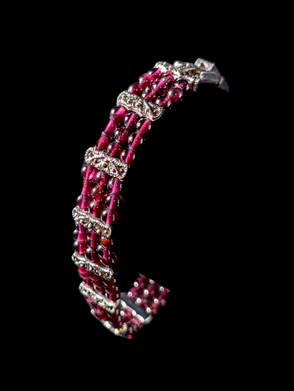 Vintage Three Strand Genuine Rhodolite Garnet Bead Silver Toned Bracelet