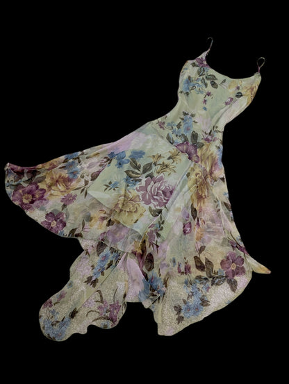 Vintage Y2K Rene Derhy Silk Beaded Green Floral Fairy Dress and Matching Top