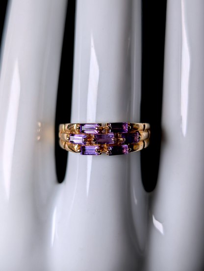 Vintage Baguette Cut Genuine Purple Tourmaline Cluster Row 10k Solid Yellow Gold Ring