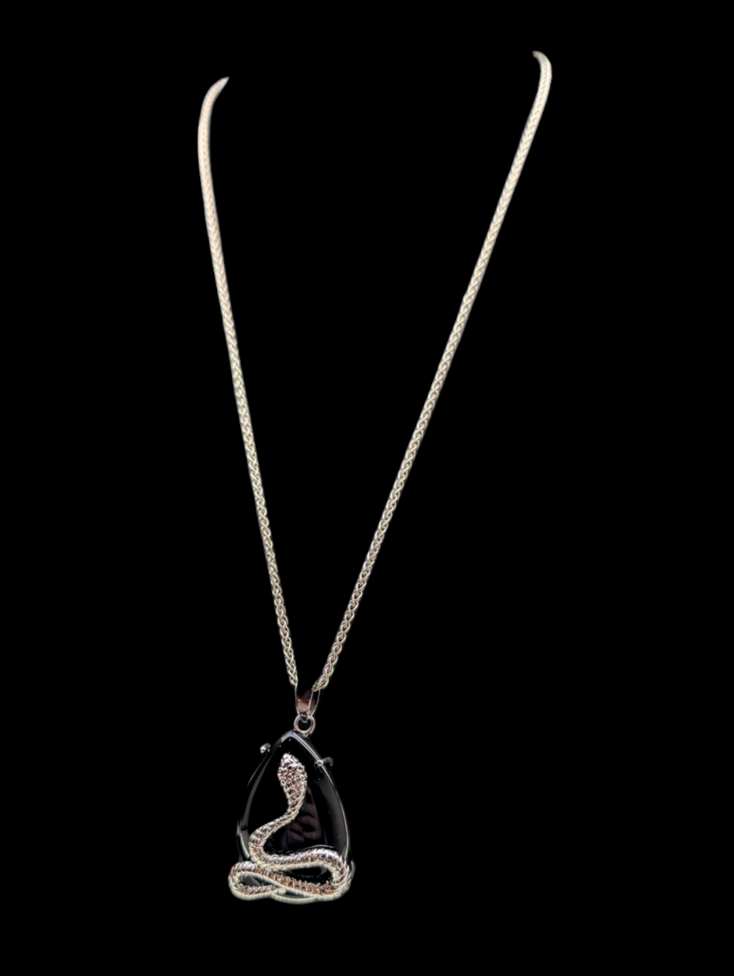 Vintage Inspired Genuine Black Onyx and Silver Snake Teardrop Pendant