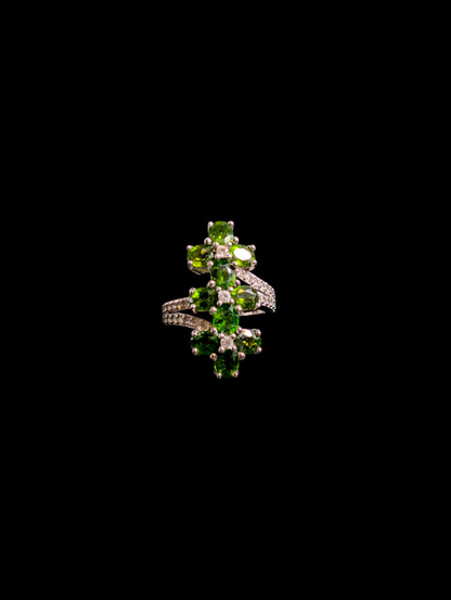 Vintage Triple Flower Earth Mined Genuine Chrome Diopside and White Topaz Sterling Silver Ring