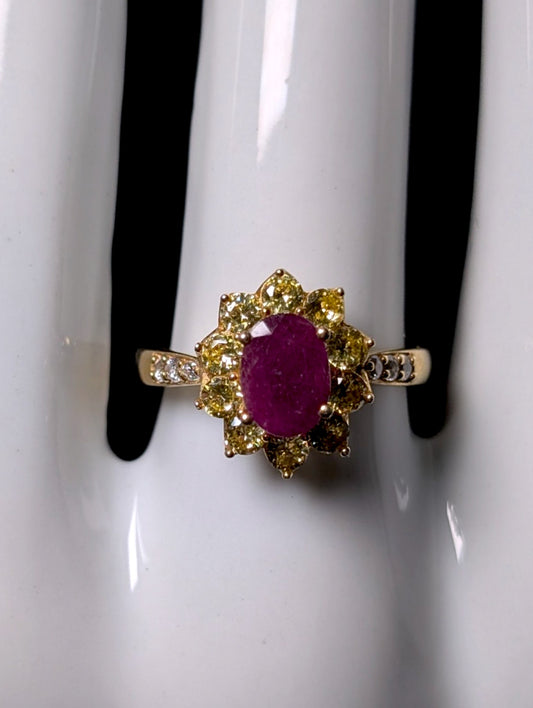 Vintage Oval Cut Genuine Ruby Solitaire with Simulated Yellow Diamond Starburst Halo Gold over Sterling Ring