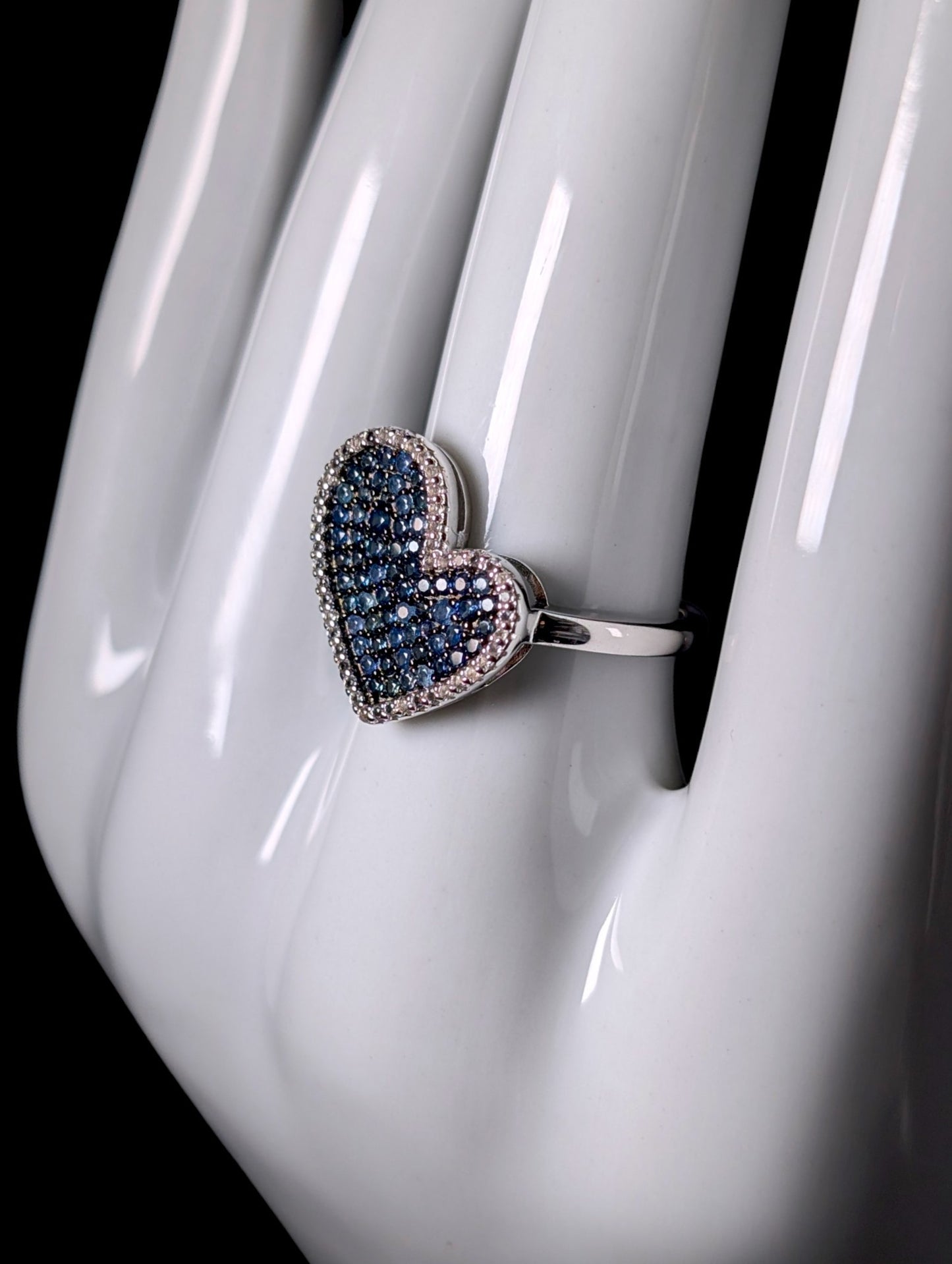 Vintage Genuine Blue Sapphire and White Topaz Halo Heart Sterling Ring