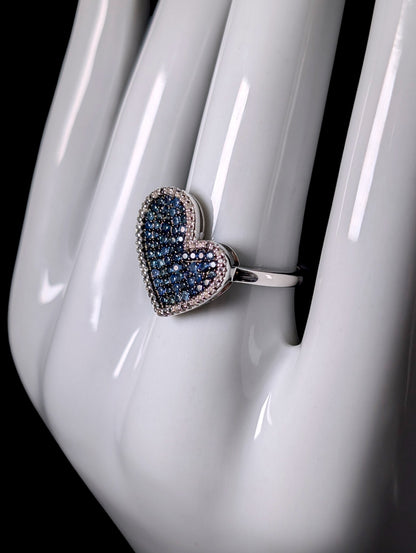 Vintage Genuine Blue Sapphire and White Topaz Halo Heart Sterling Ring