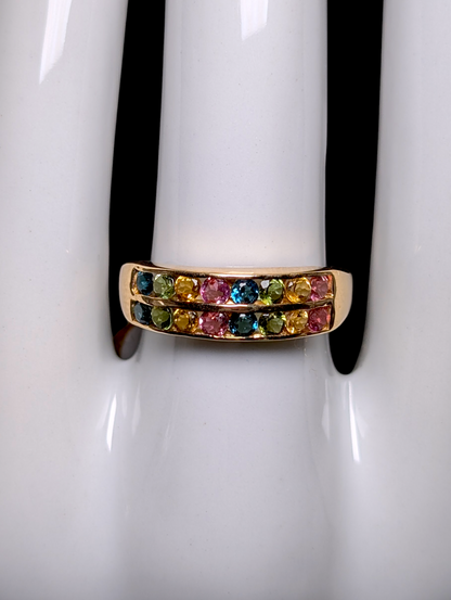Vintage 14kt Solid Yellow Gold Genuine Tourmaline Multi Row Rainbow Color Band Ring