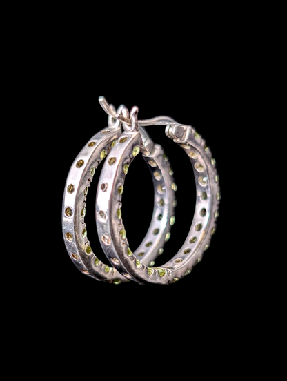 Vintage Gold Stone Jewelry Inside Out Genuine Green Peridot Sterling Silver Round Hoop Earrings