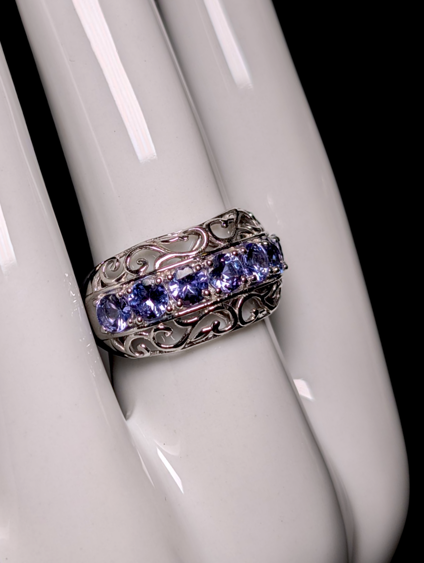Vintage Row Round Cut Genuine Tanzanite and Filigree Sterling Silver Statement Band Ring