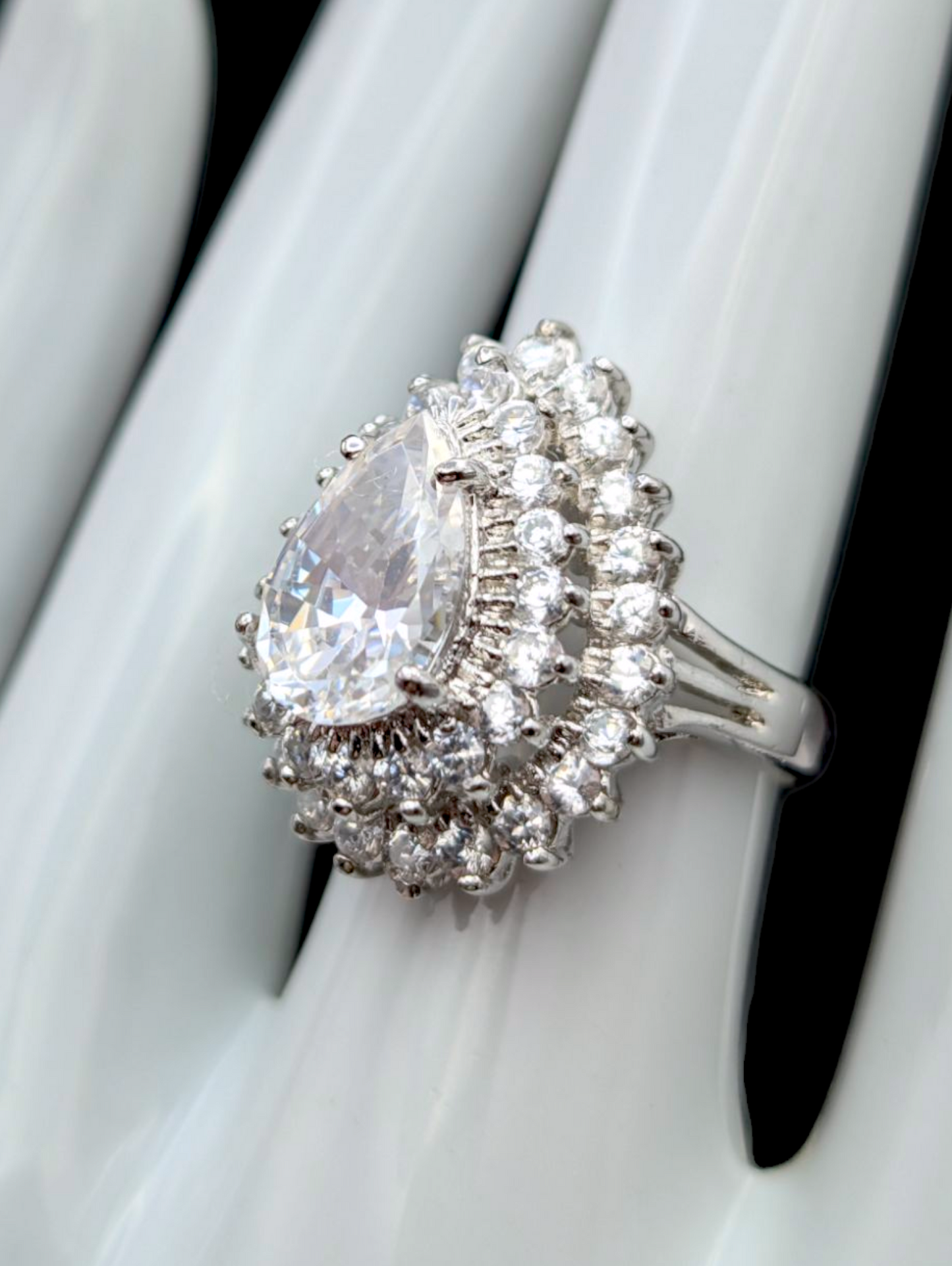 Vintage Lindenwold Double Halo and Pear Cut Simulated Diamond Silver Toned Statement Cocktail Ring