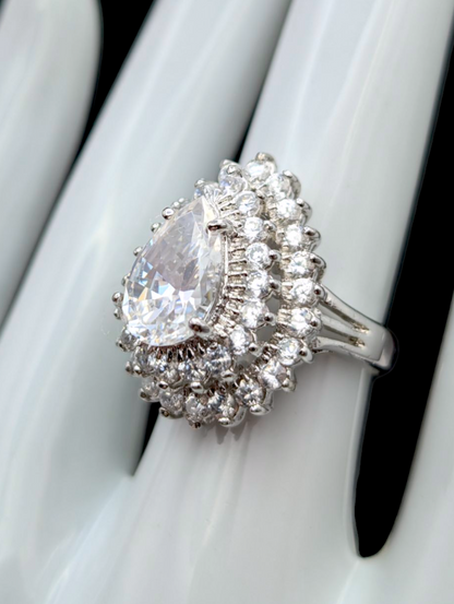 Vintage Lindenwold Double Halo and Pear Cut Simulated Diamond Silver Toned Statement Cocktail Ring