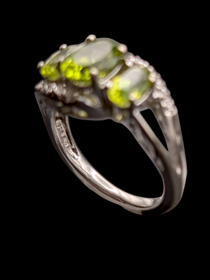 Vintage 3 Stone Oval Cut Genuine Peridot and Diamond Sterling Silver Ring