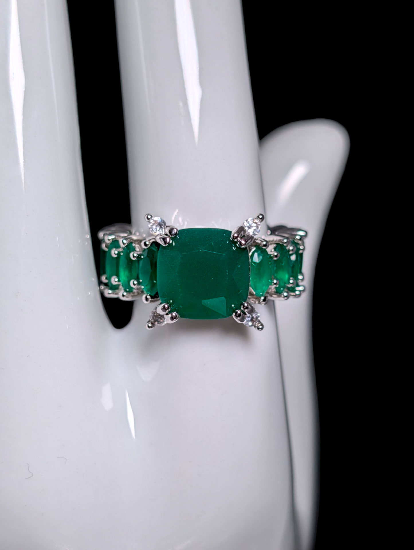 Vintage Inspired Cushion Cut Simulated Emerald Infinity Silver Toned Ring