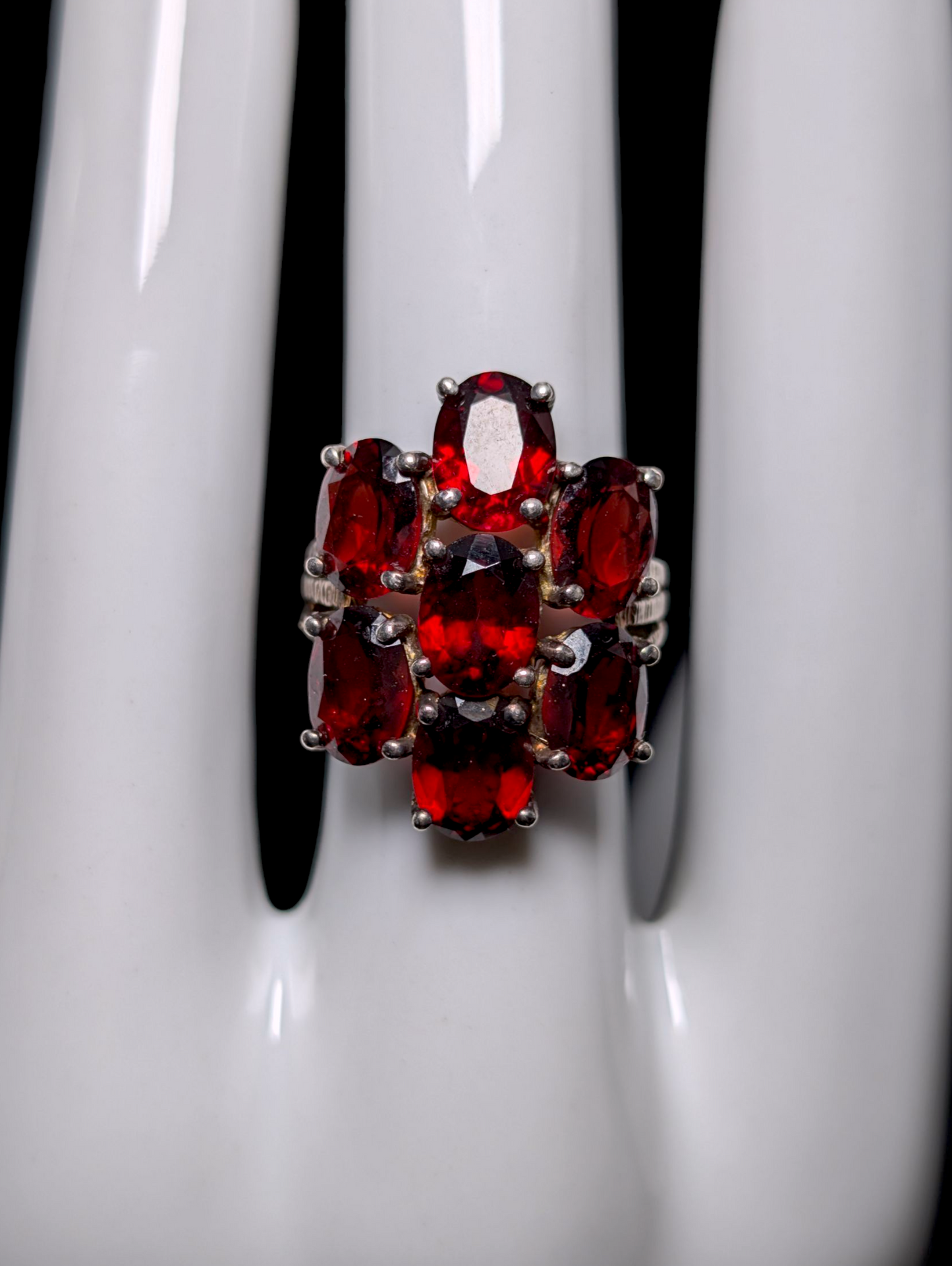 Vintage Genuine Red Garnet Cluster Sterling Silver Ring