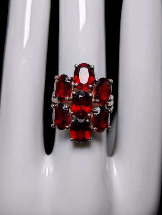 Vintage Genuine Red Garnet Cluster Sterling Silver Ring