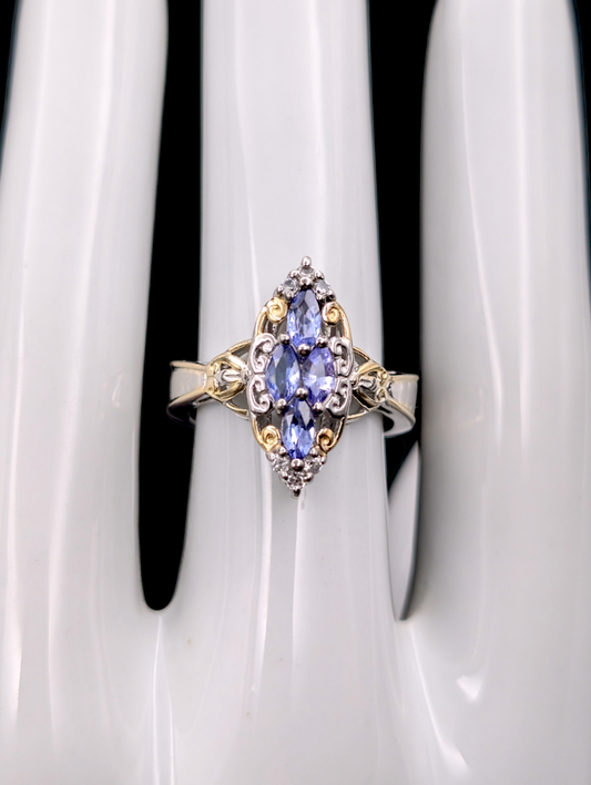 Vintage Inspired Cluster Genuine Tanzanite and White Topaz 14k Gold Vermeil Sterling Silver 925 Ring