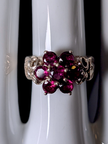 Vintage Michelle Albala Genuine Purple Garnet Flower and Heart Sterling Silver Ring