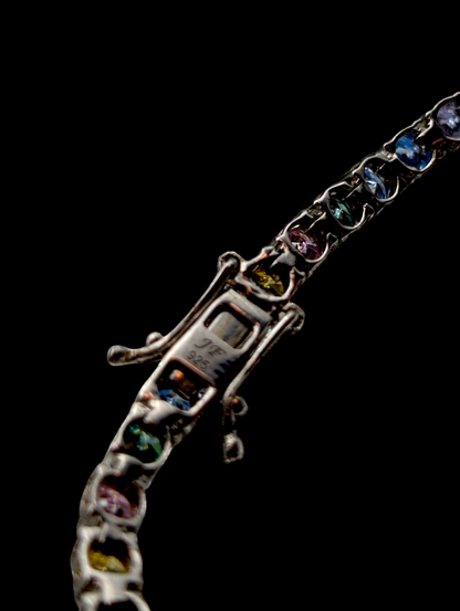 Vintage Rainbow Round Cut Simulated Multi Gemstone Sterling Silver Tennis Bracelet