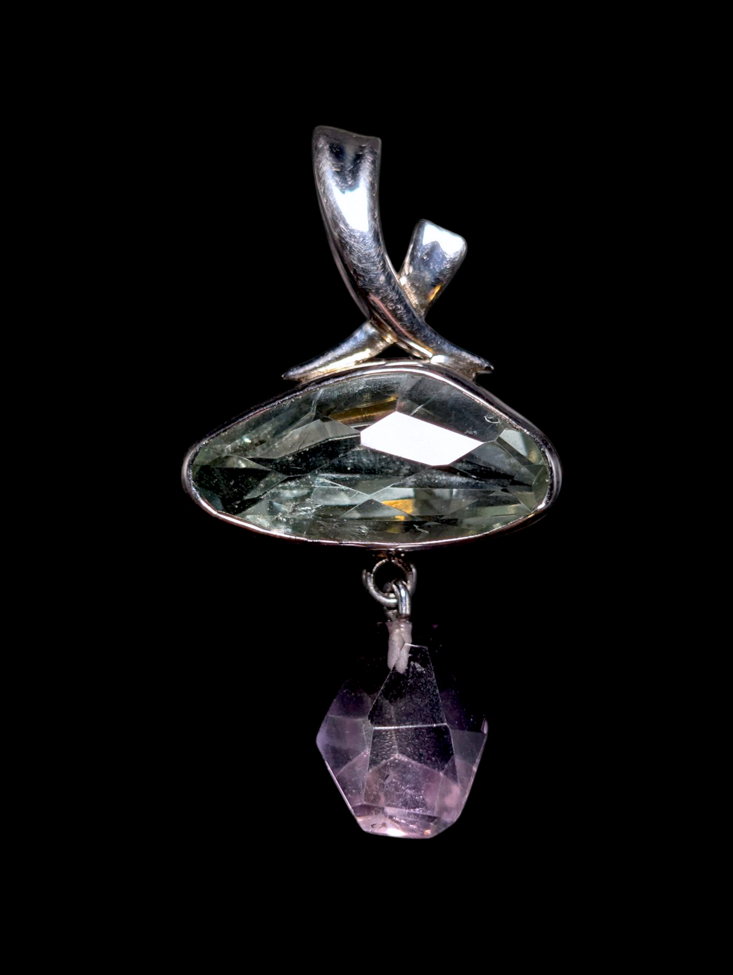 Vintage Large Genuine Green and Purple Amethyst Briolette Sterling Silver Pendant